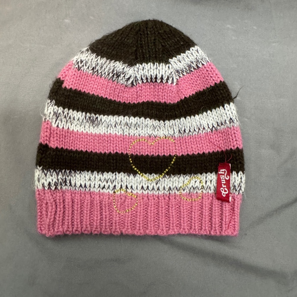 Crush Beanie Women OS Pink Brown White Striped Heart Vintage Y2K Excellent